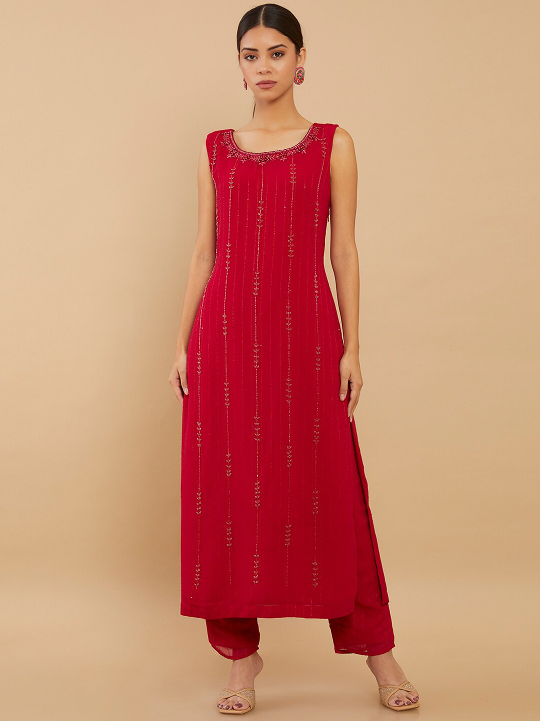 

Soch Women Fuchsia Striped Beads and Stones Silk Georgette Kurta with Trousers