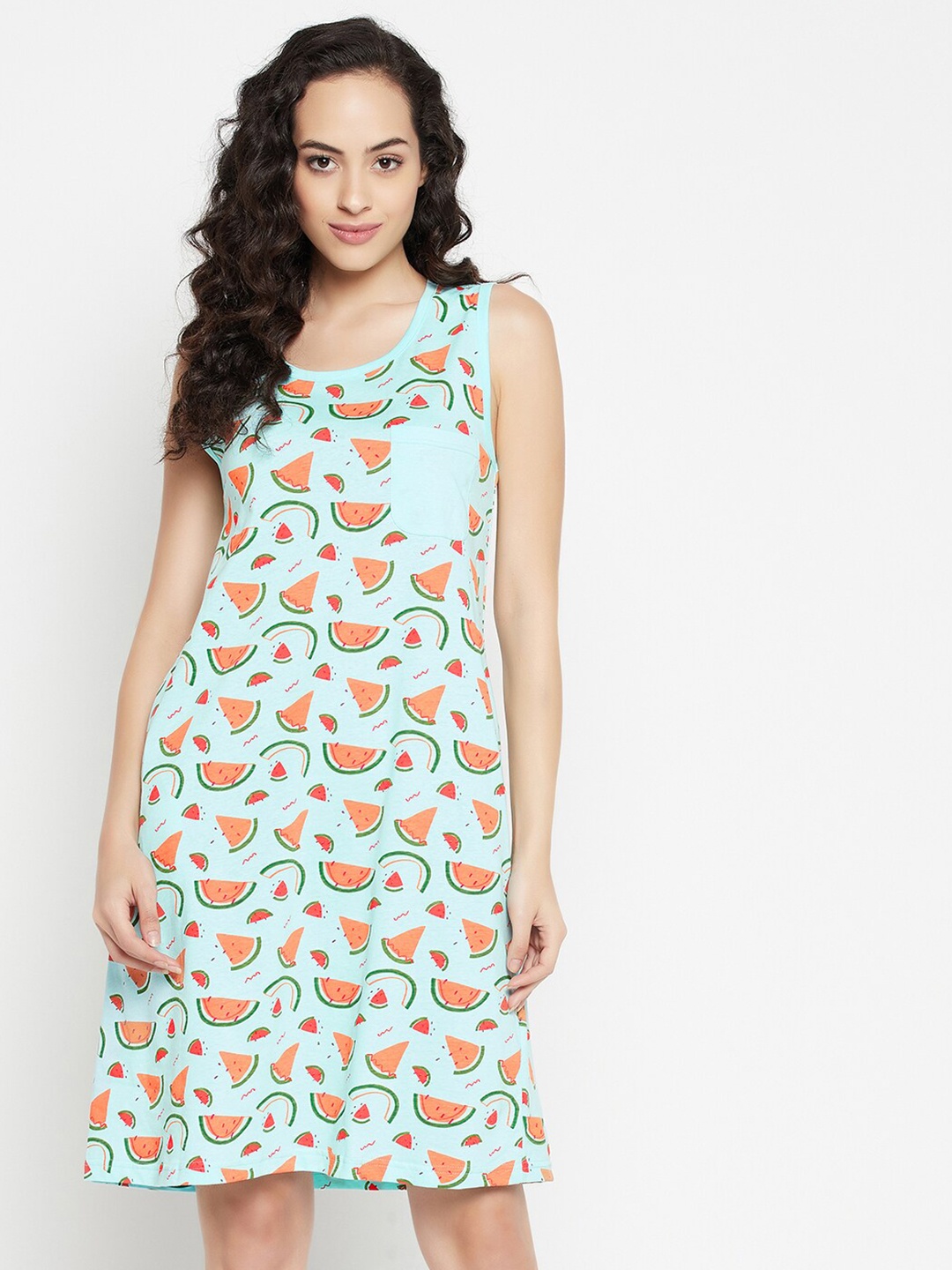 

Clovia Women Tutti Fruity Print Short Pure Cotton Nightdress, Blue