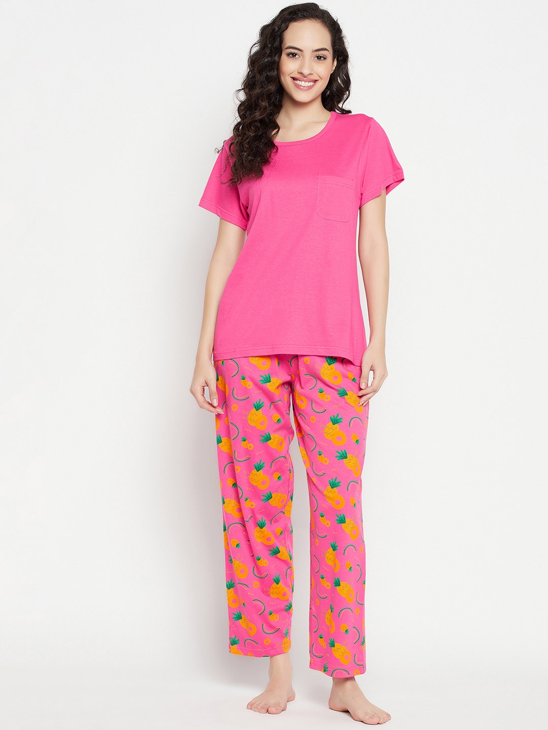 

Clovia Chic Basic Top & Tutti Fruity Pyjama Set, Pink