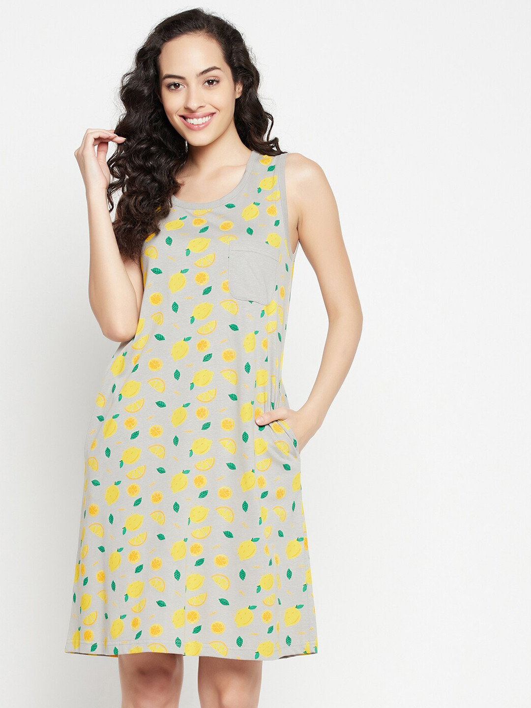 

Clovia Grey & Yellow Printed Pure Cotton Nightdress