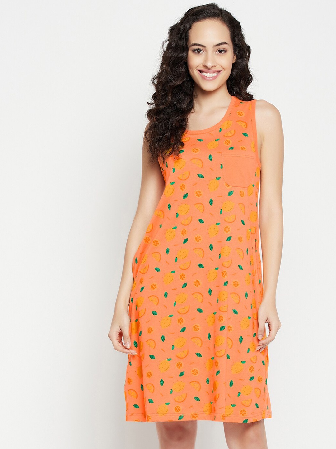 

Clovia Cotton Printed Night Dress, Peach