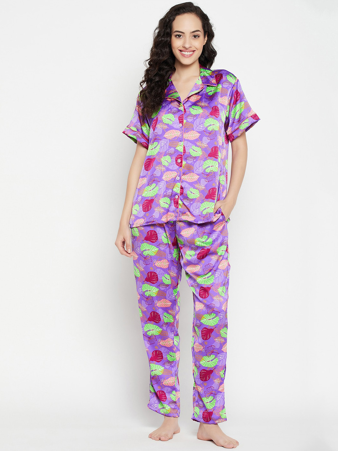 

Clovia Women Pretty Florals Button Me Up Shirt & Pyjama Set, Purple