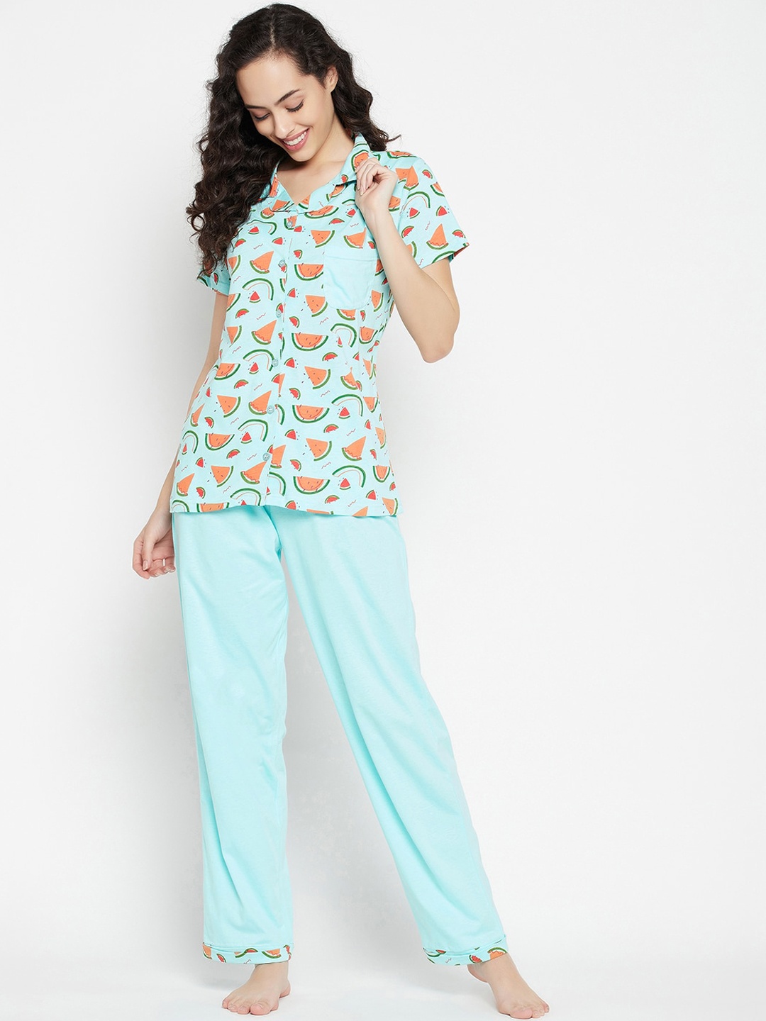 

Clovia Tutti Fruity Printed Button Down Pure Cotton Shirt & Pyjama Set, Blue