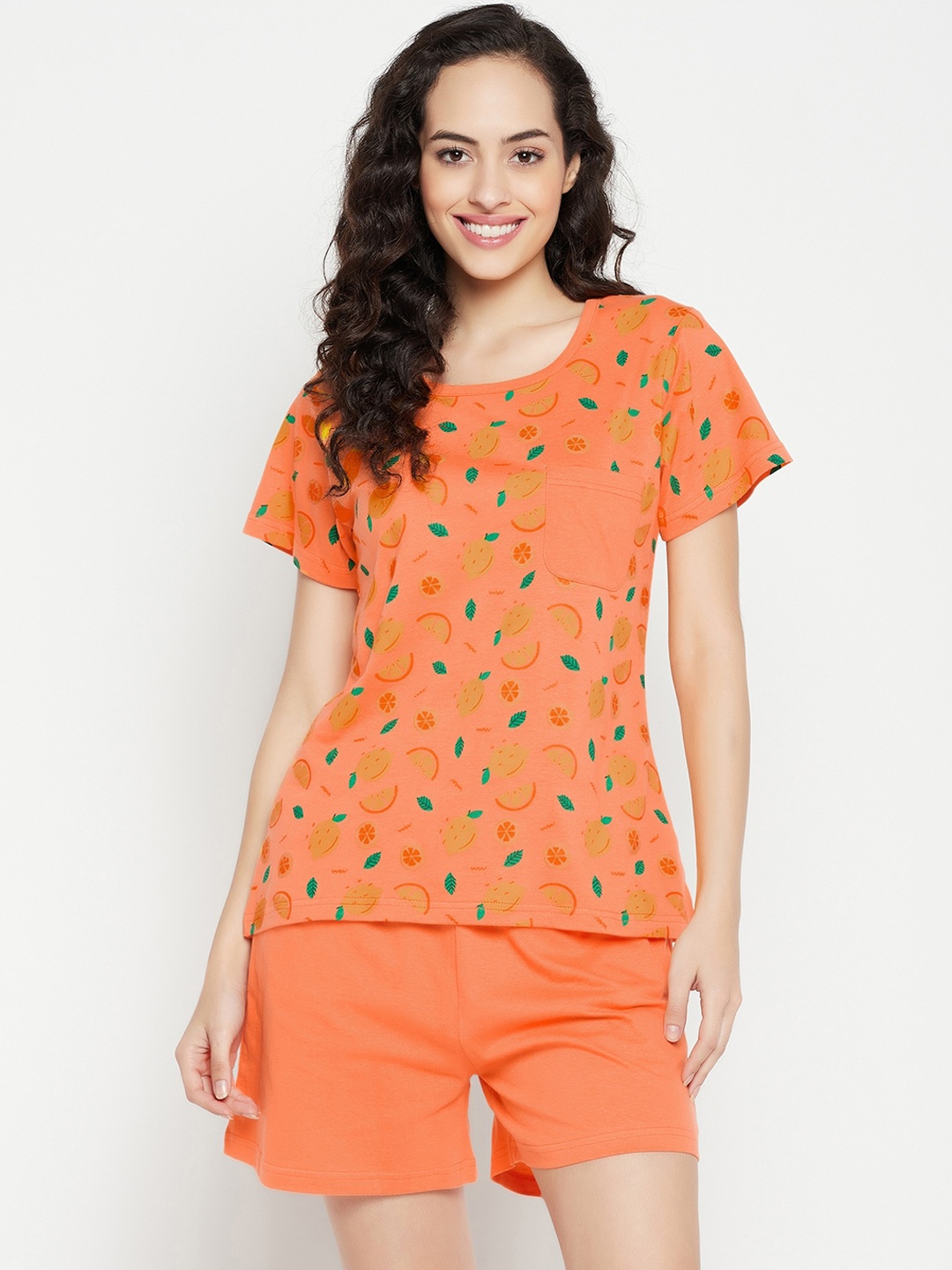 

Clovia Women Peach-& Green Printed Pure Cotton Night Suit