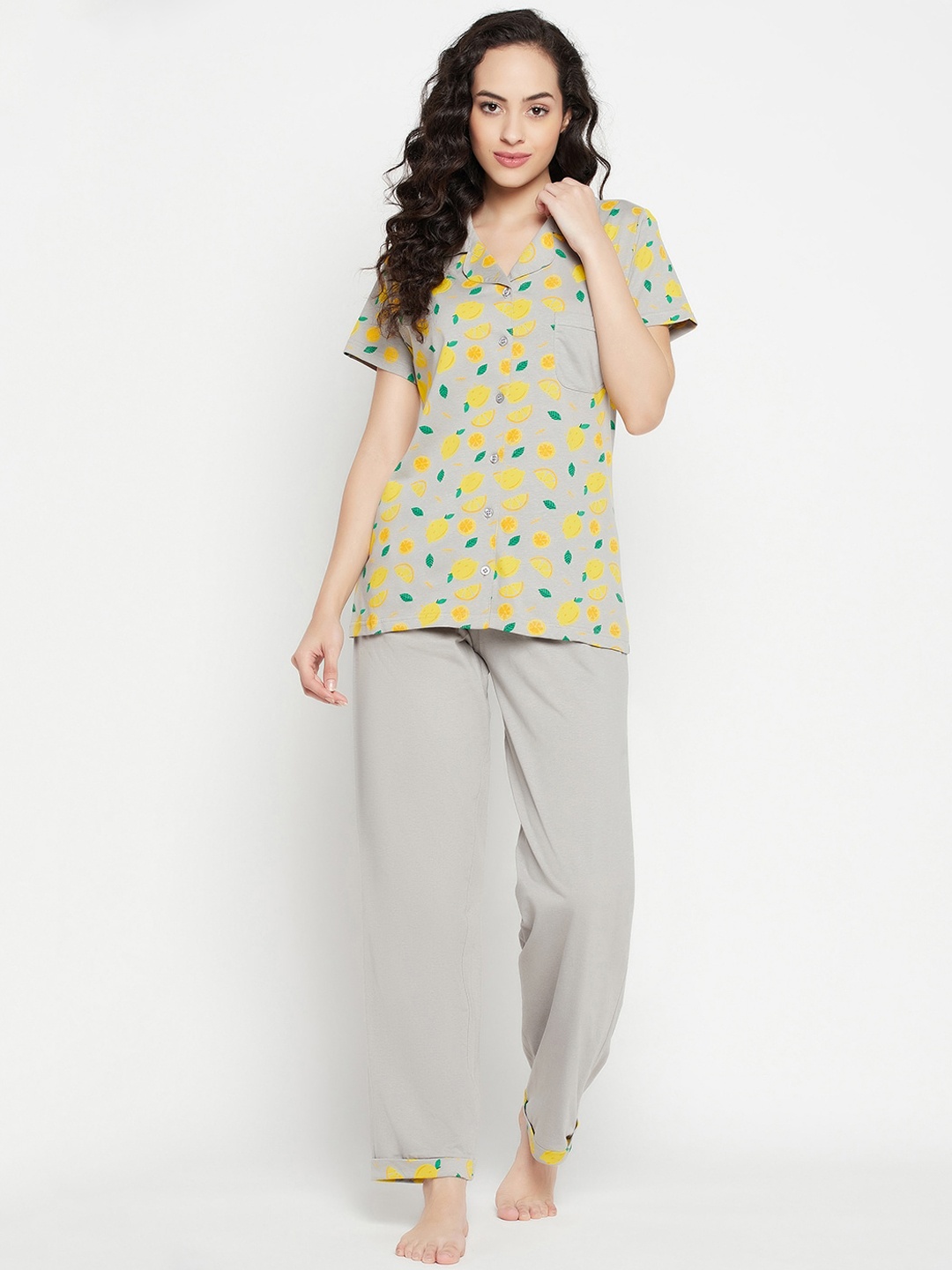 

Clovia Tutti Fruity 100% Cotton Button Down Shirt & Chic Pyjama Night suit, Grey