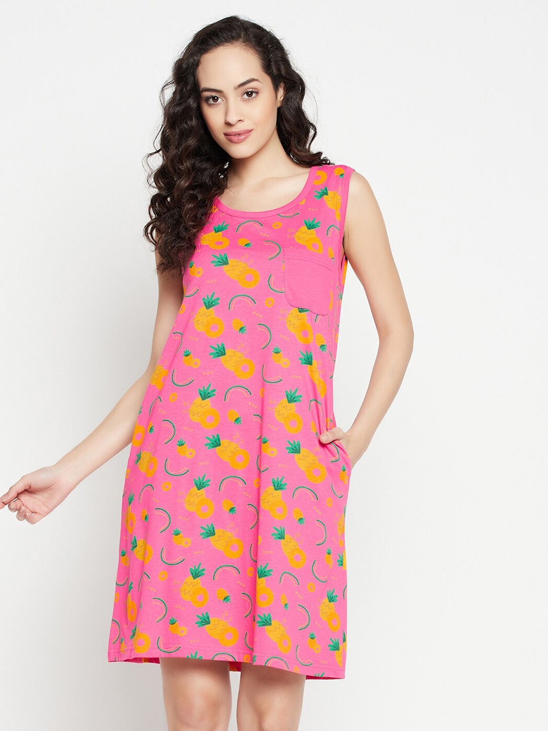 

Clovia Pink & Mustard Printed Pure Cotton Nightdress