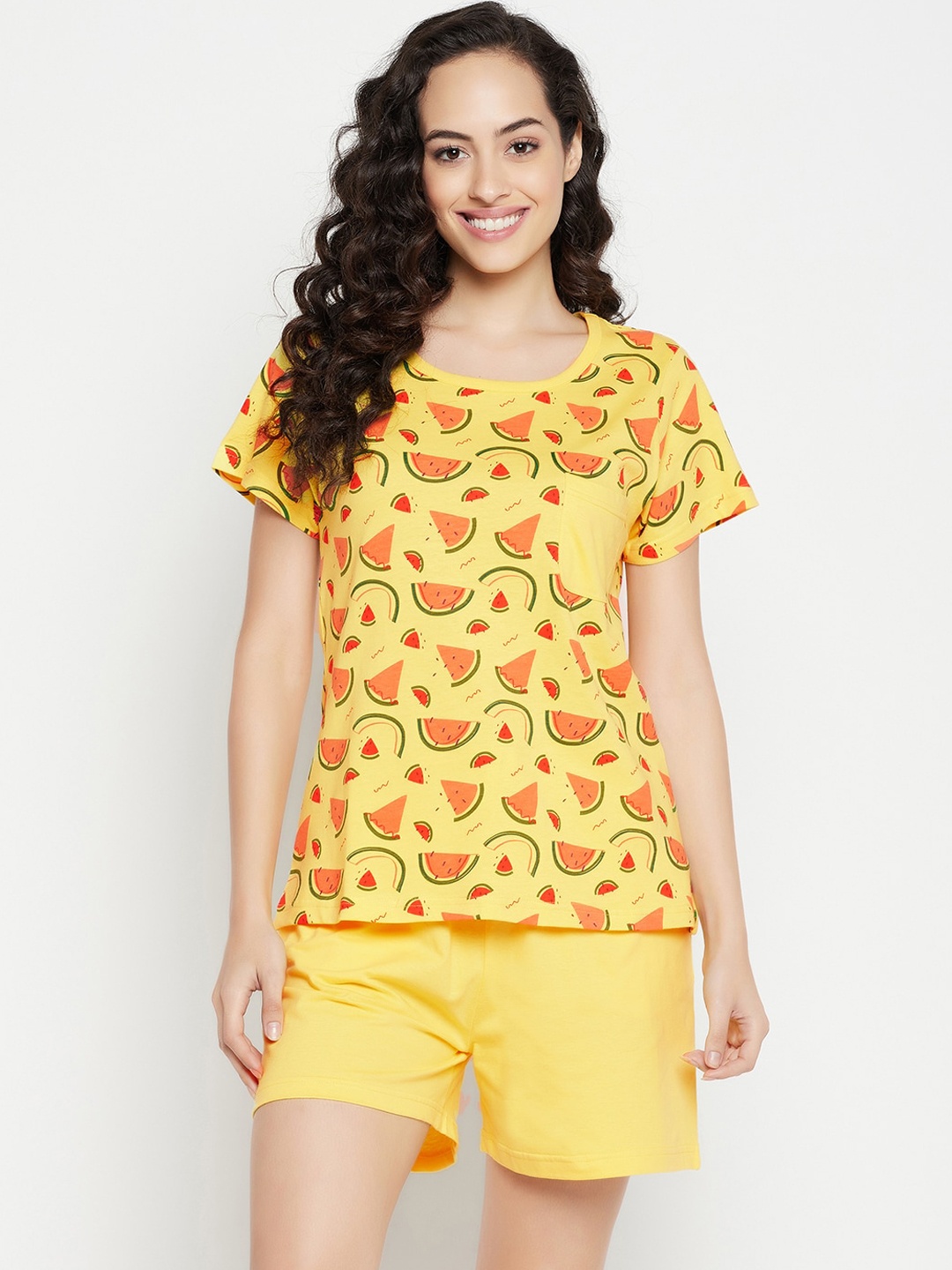 

Clovia Women Pure Cotton Tutti Fruity Printed Top & Chic Basic Shorts, Yellow