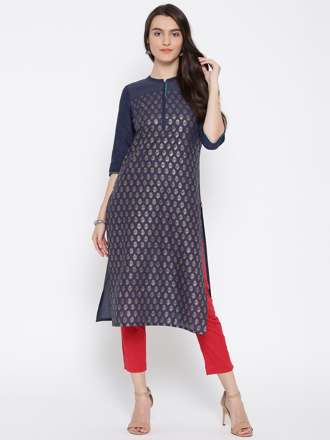 

AURELIA Women Navy Blue Printed Straight Kurta