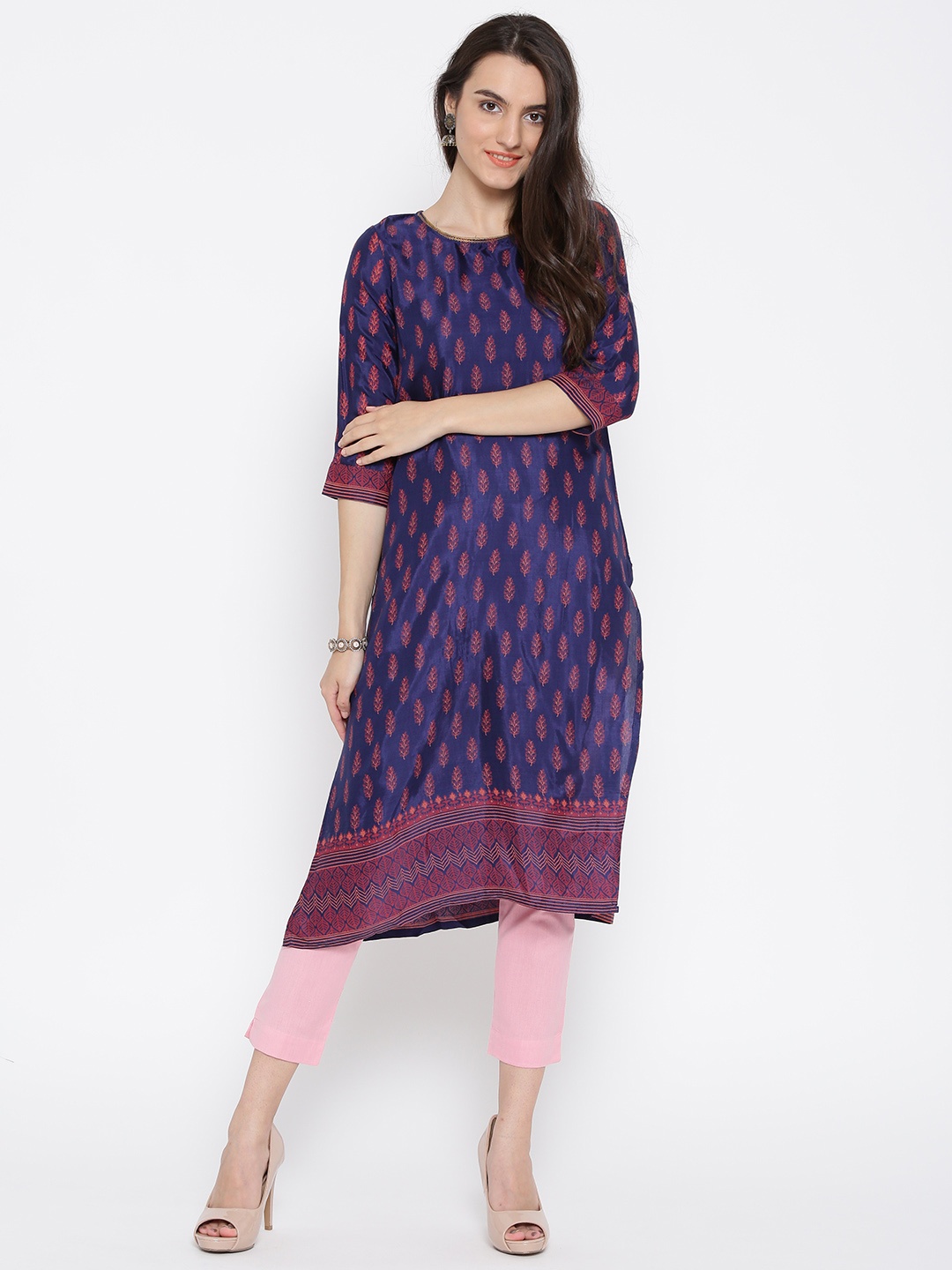 

AURELIA Women Navy Printed Straight Kurta, Navy blue