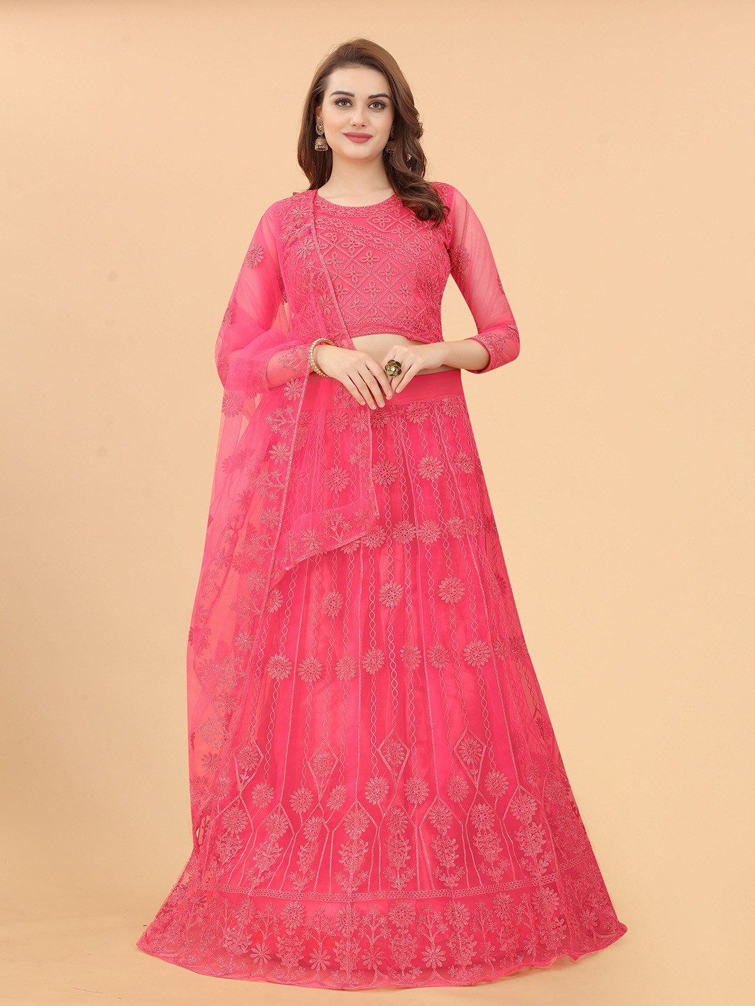 

Fashion FRICKS Red Embroidered Semi-Stitched Lehenga & Blouse With Dupatta