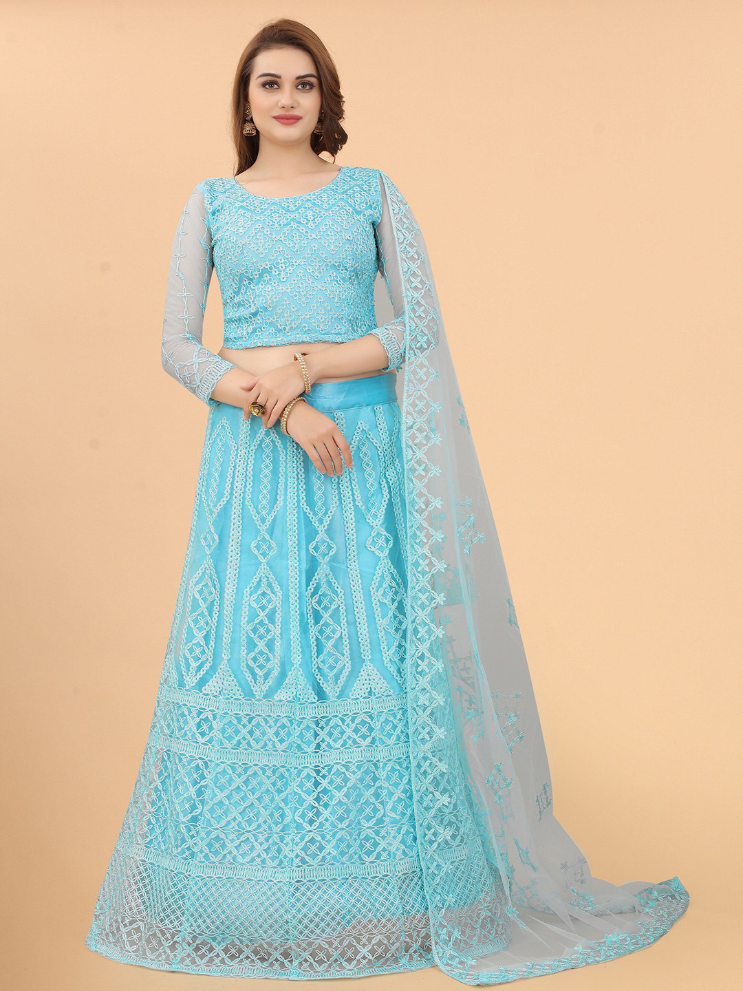 

Fashion FRICKS Blue Embroidered Thread Work Semi-Stitched Lehenga & Blouse With Dupatta