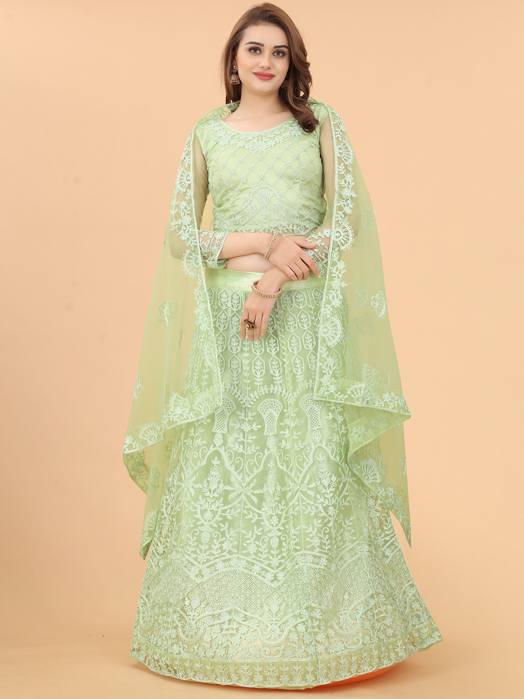 

Fashion FRICKS Green Embroidered Semi-Stitched Lehenga & Blouse With Dupatta