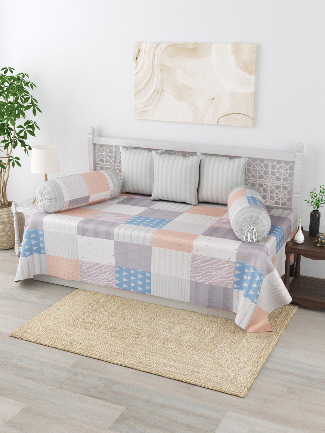 

Salona Bichona Set Of 6 Grey Printed 144 TC Diwan Set
