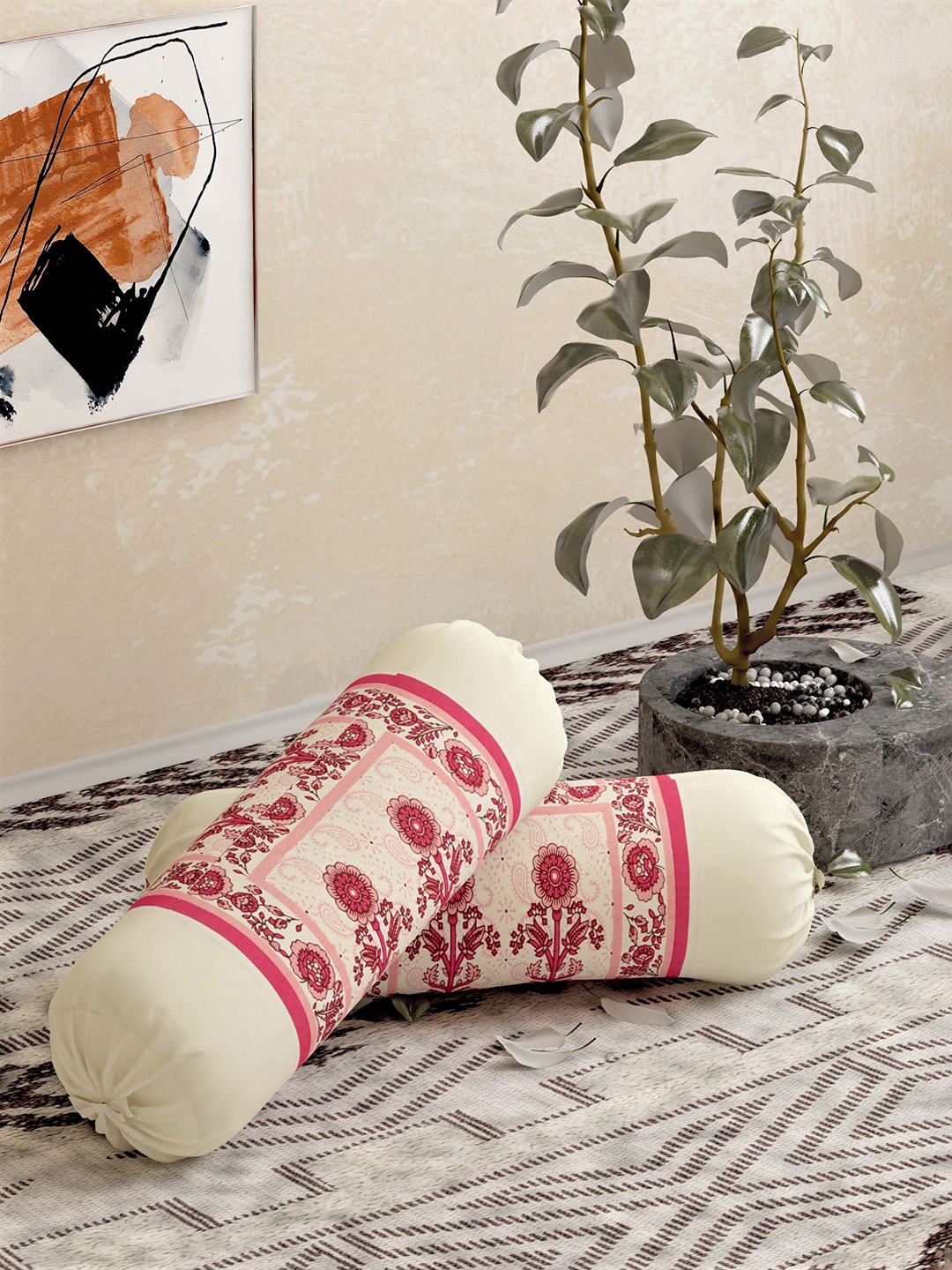 

Salona Bichona Set Of 2 Pink & Off-White Printed Pure Cotton Bolster Covers