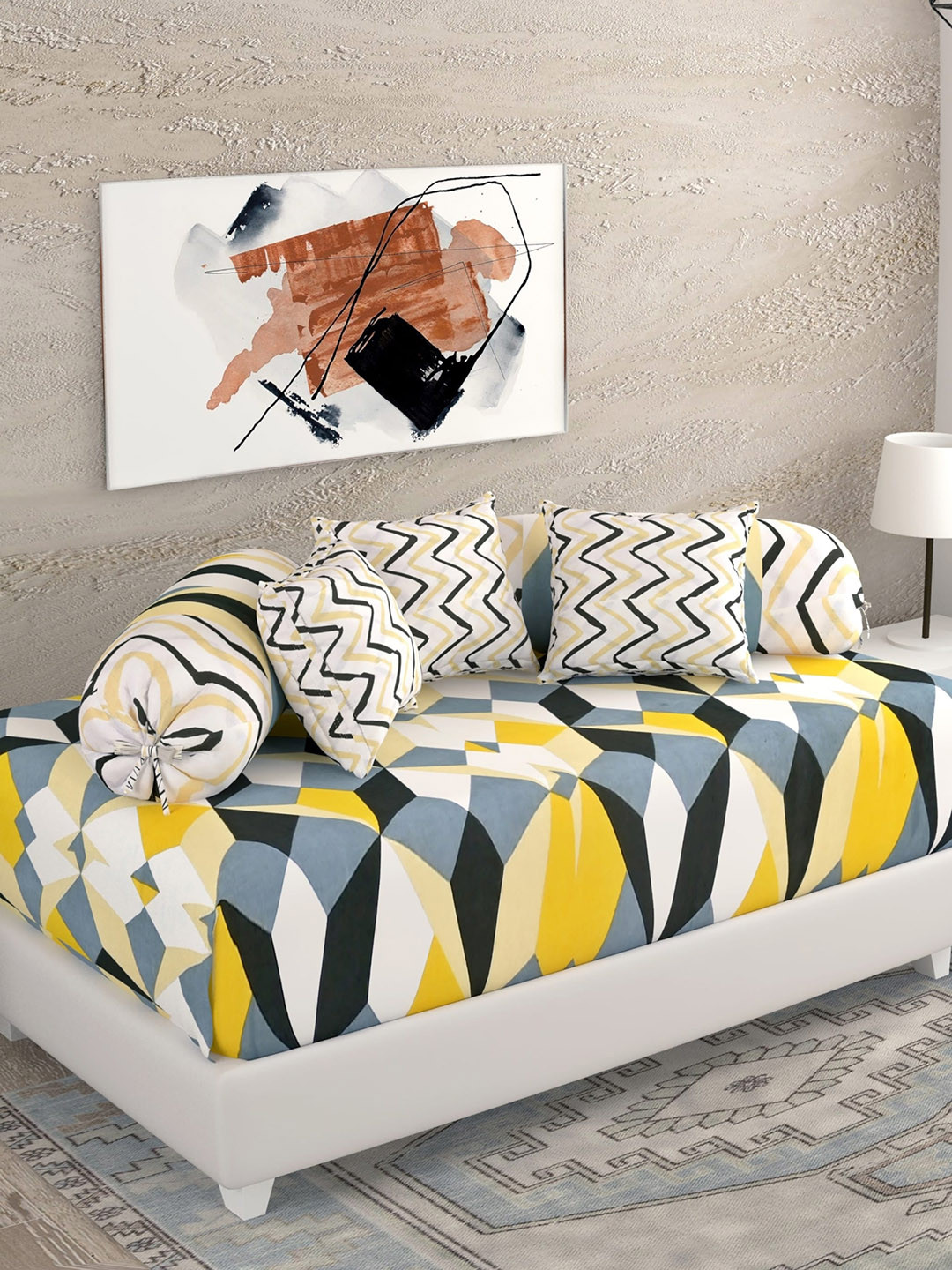 

Salona Bichona Blue & Yellow Printed Cotton Bedsheet With Bolster & Cushion Covers, Turquoise blue