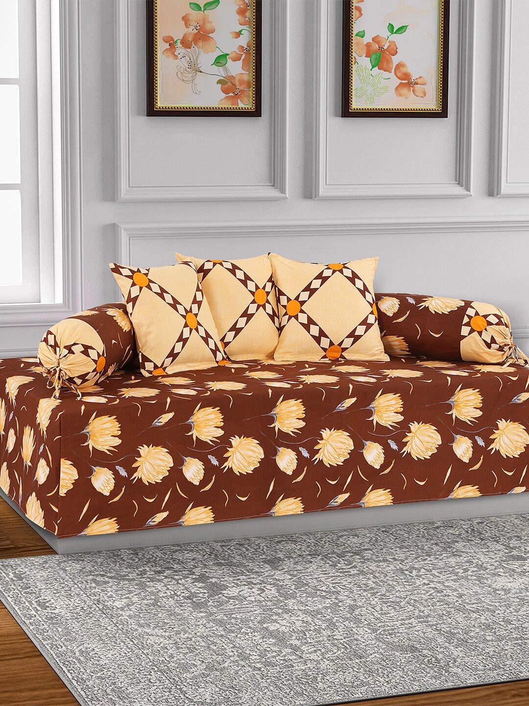 

Salona Bichona Set Of 6 Brown Floral Printed 144 TC Diwan Set