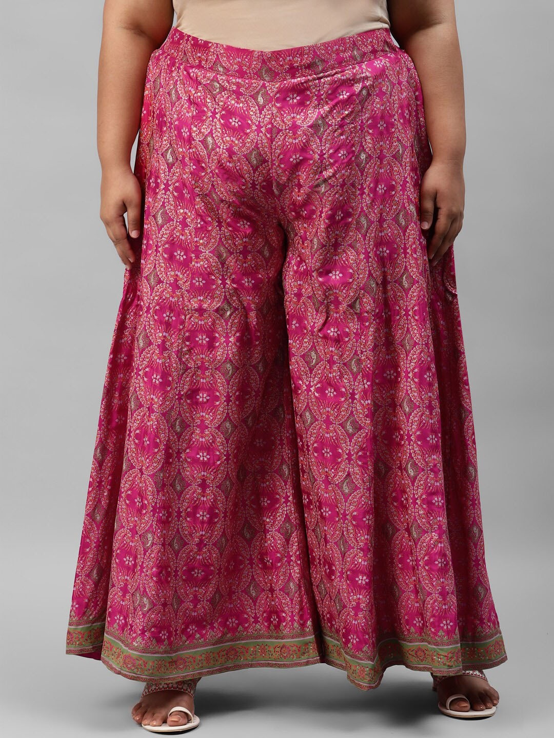 W Women Pink Floral Printed Flared Cropped Ethnic Palazzos