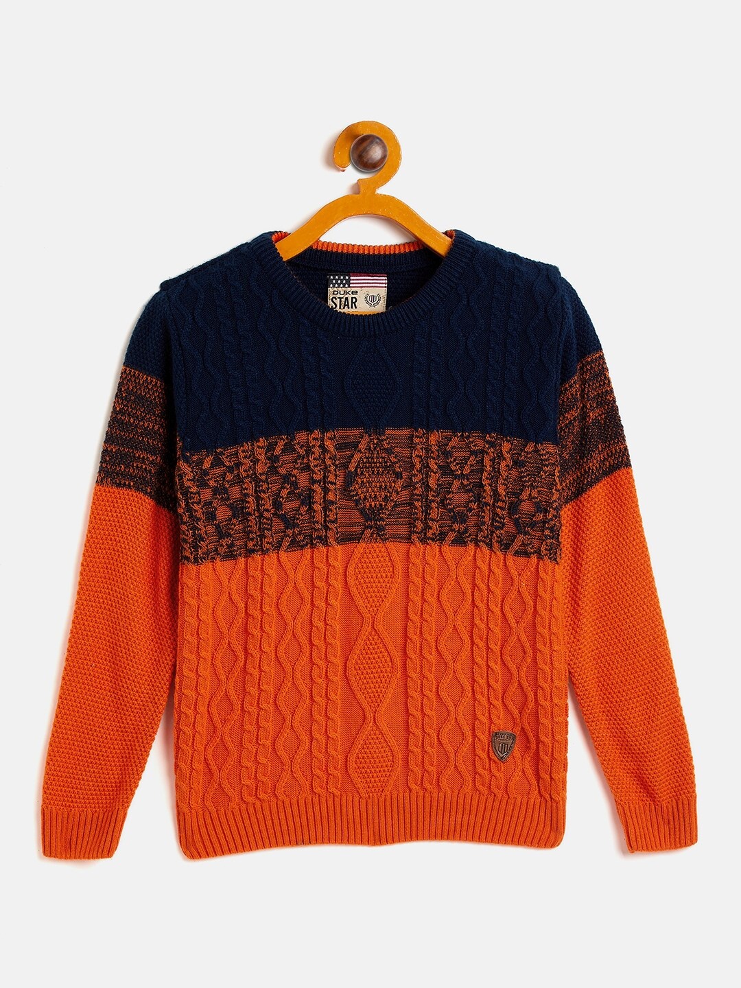 

Duke Boys Navy Blue & Orange Cable Knit Colourblocked Pullover