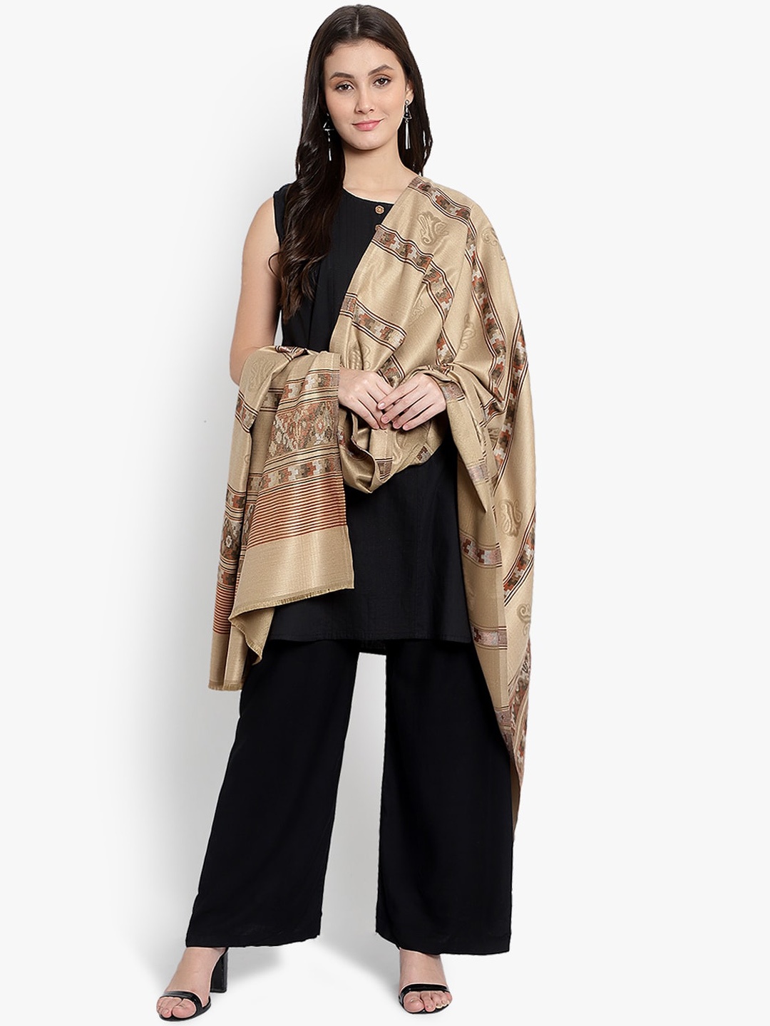 

Mizash Women Beige Woven-Design Woolen Shawl