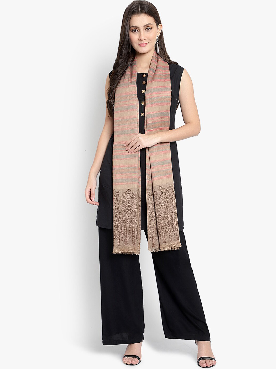

Mizash Women Beige Colored Woven Design Woolen Shawl
