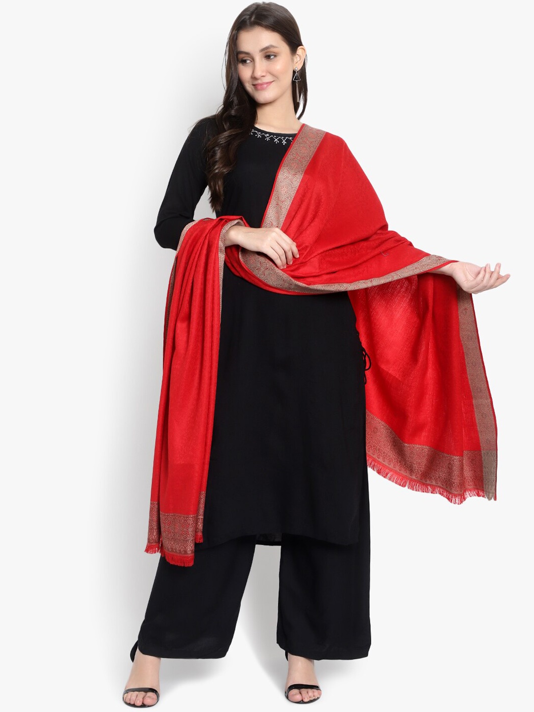 

Mizash Women Red Solid Woollen Shawl With Printed Border