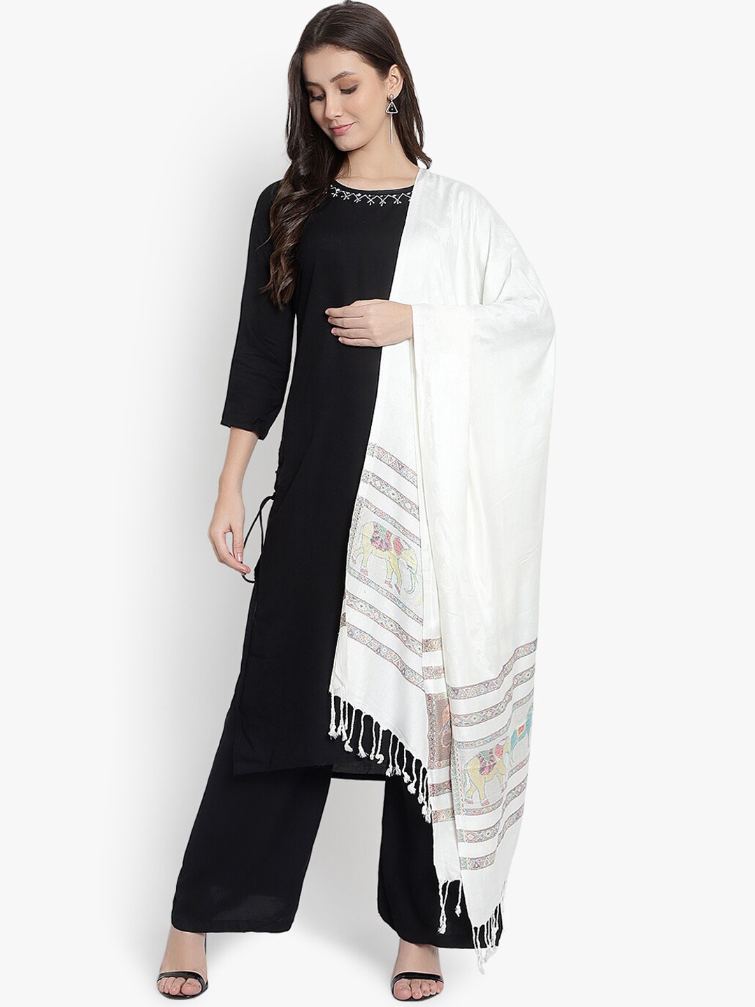 

Mizash Women White & Yellow Printed Woolen Shawl