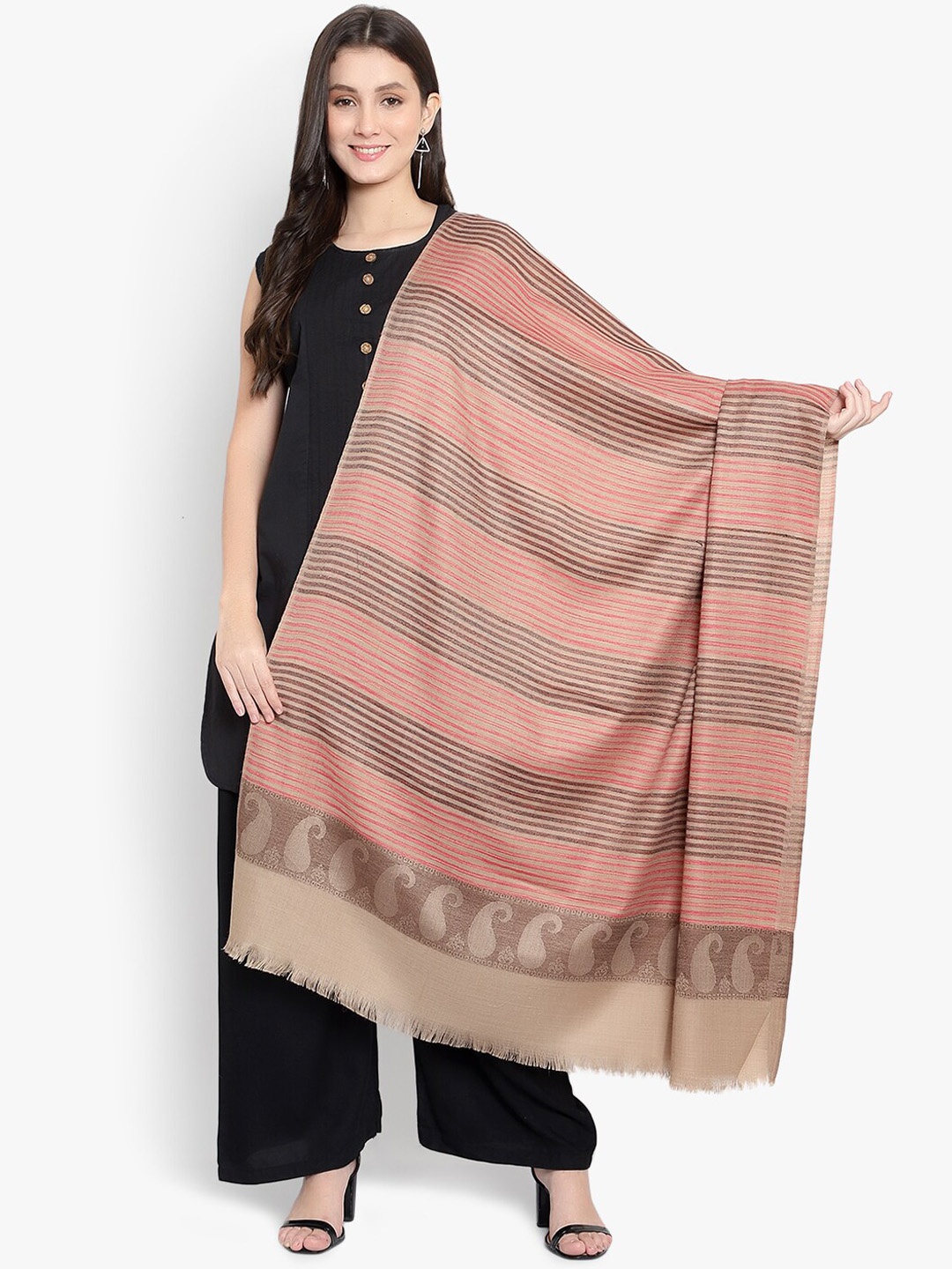 

Mizash Women Beige Paisley Printed Woven Design Shawl