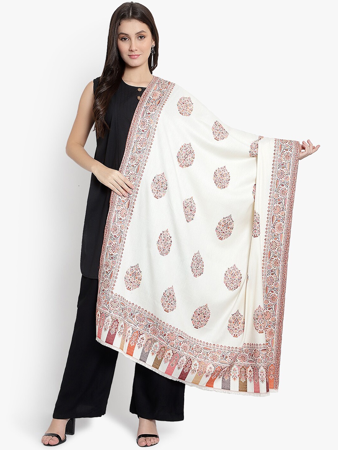 

Mizash Women Cream-Coloured & Pink Woven Woolen Shawl