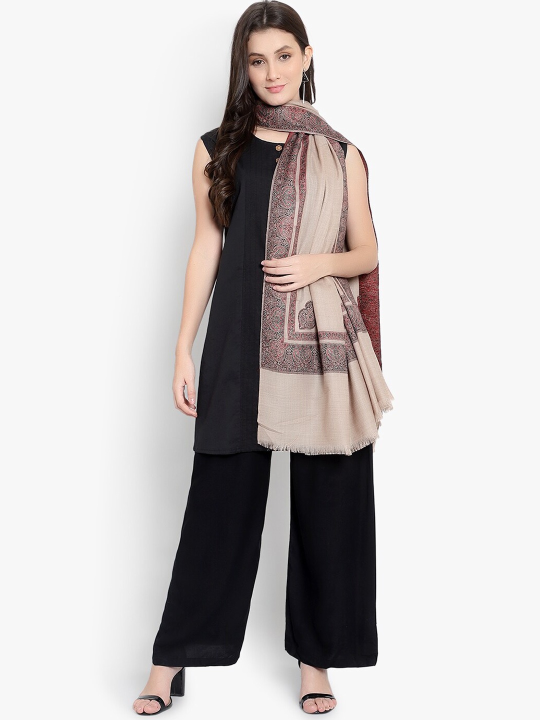 

Mizash Women Beige Woven Design Woolen Shawl