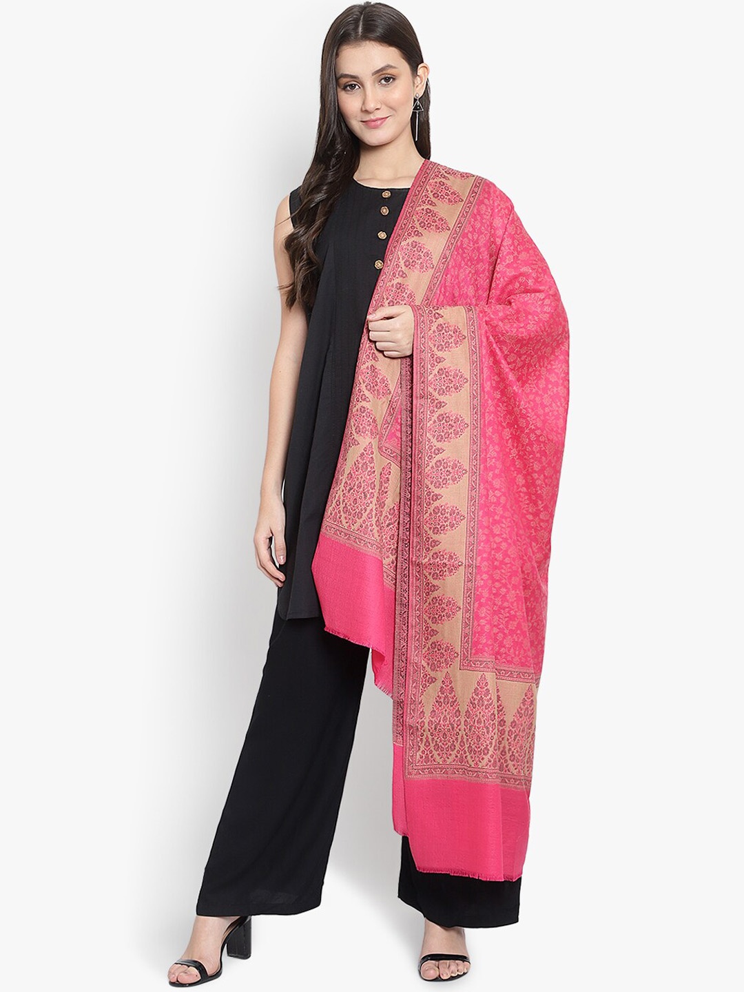 

Mizash Women Pink & Beige Woven Design Wool Shawl