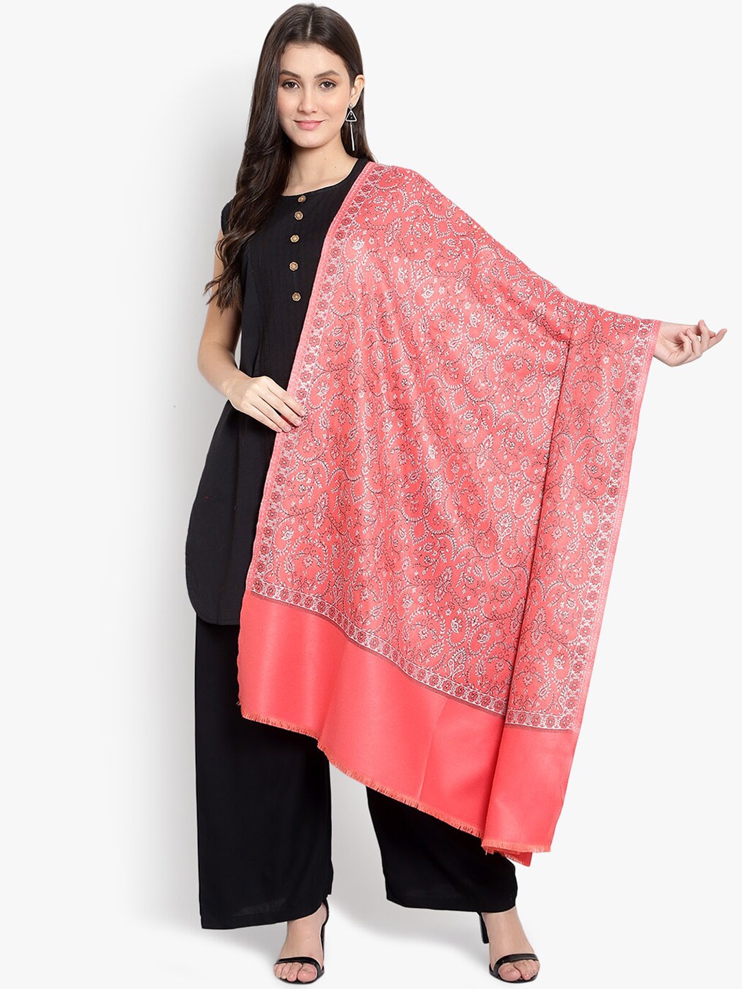 

Mizash Women Peach-Coloured Printed Woolen Shawl