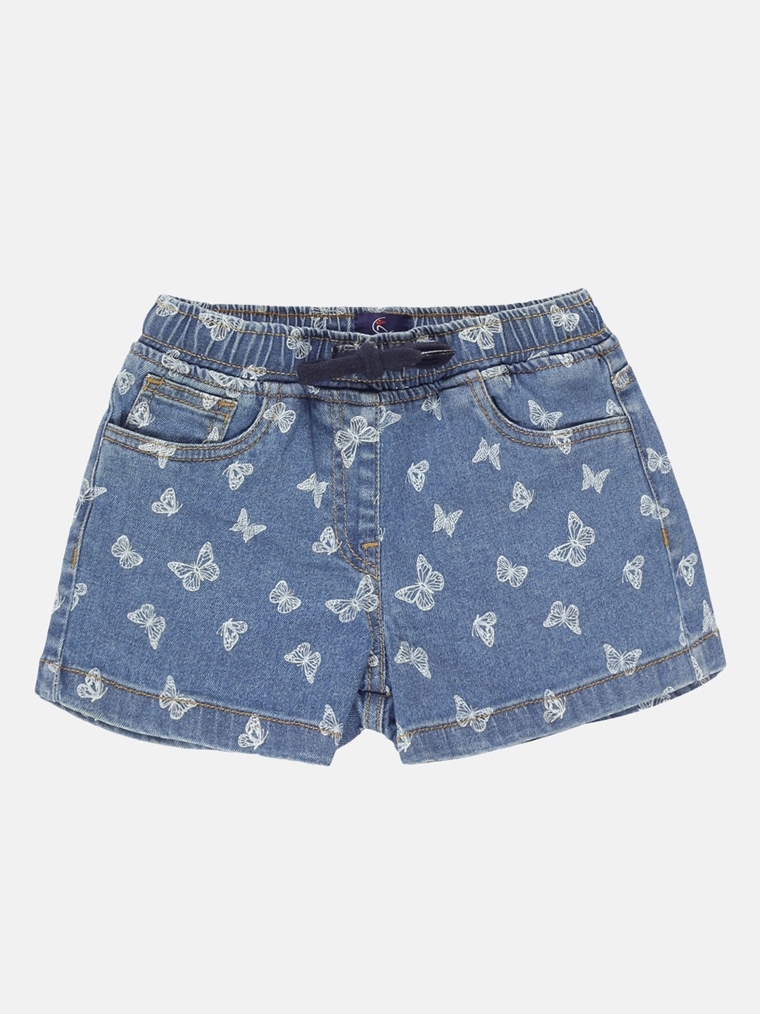 

KiddoPanti Girls Blue & White Conversational Printed Denim Shorts