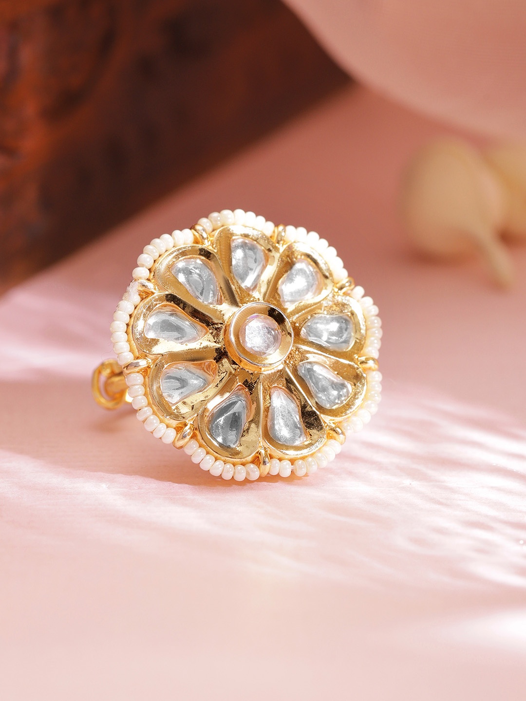 

Rubans 22K Gold-Plated White Kundan-Studded & Beaded Adjustable Finger Ring
