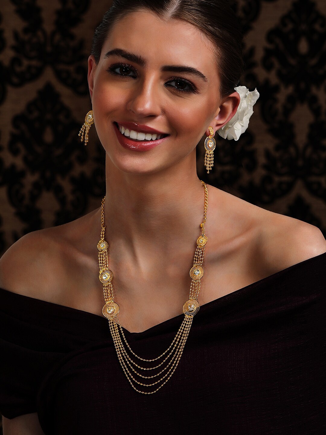 

Rubans Gold-Plated & White Stone-Studded Layered Jewellery Set