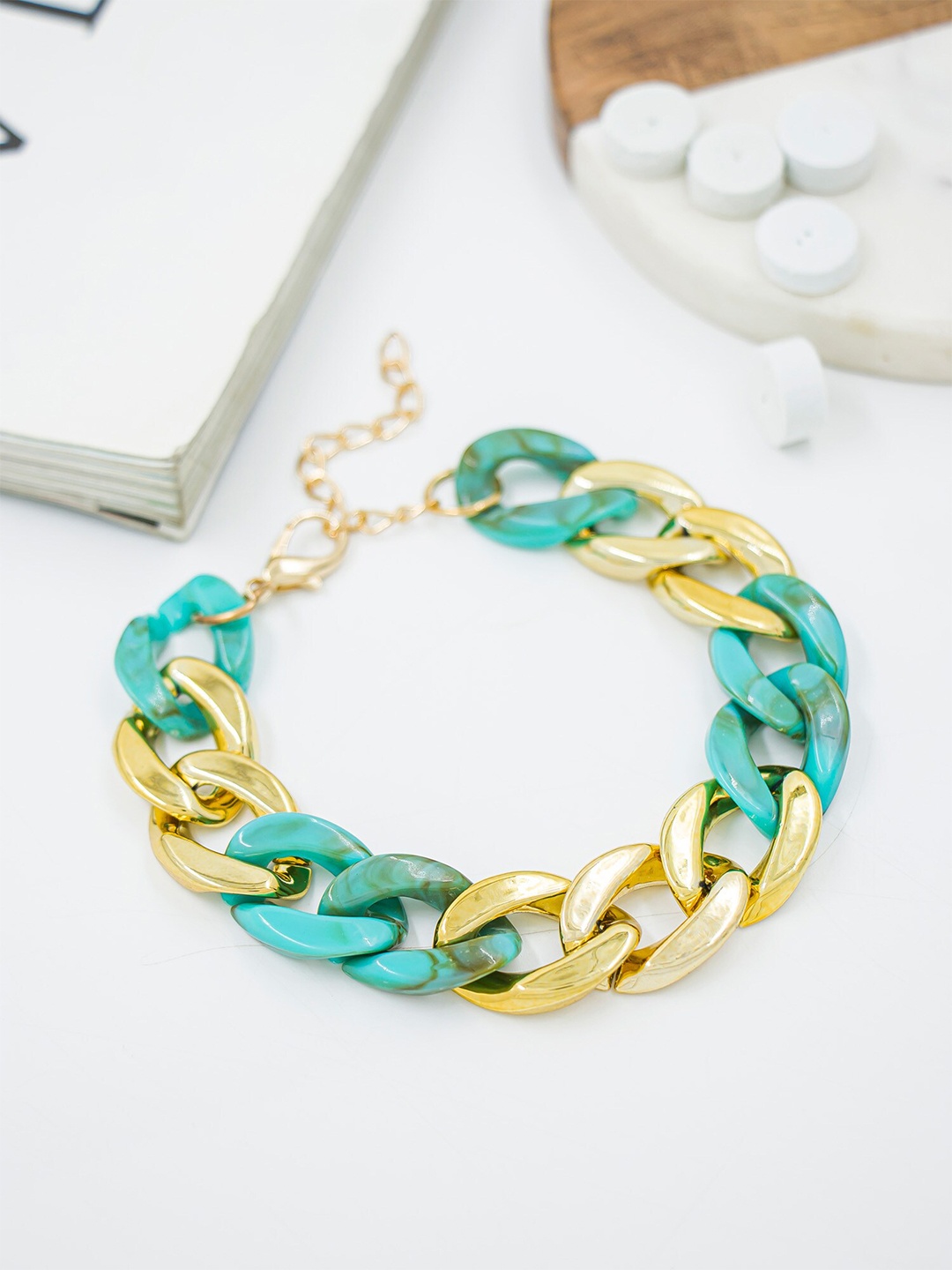 

Bellofox Women Sea Green & Gold-Toned Gold-Plated Link Bracelet