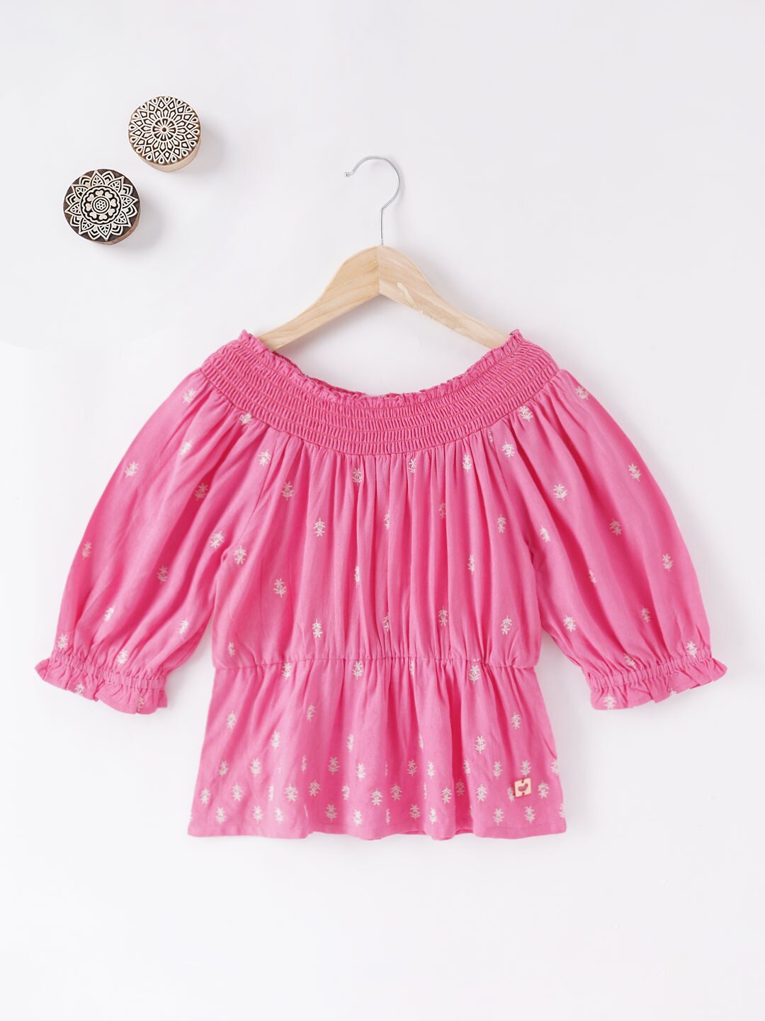 

Ed-a-Mamma Girls Pink & White Floral Print Off-Shoulder Bardot Cotton Top