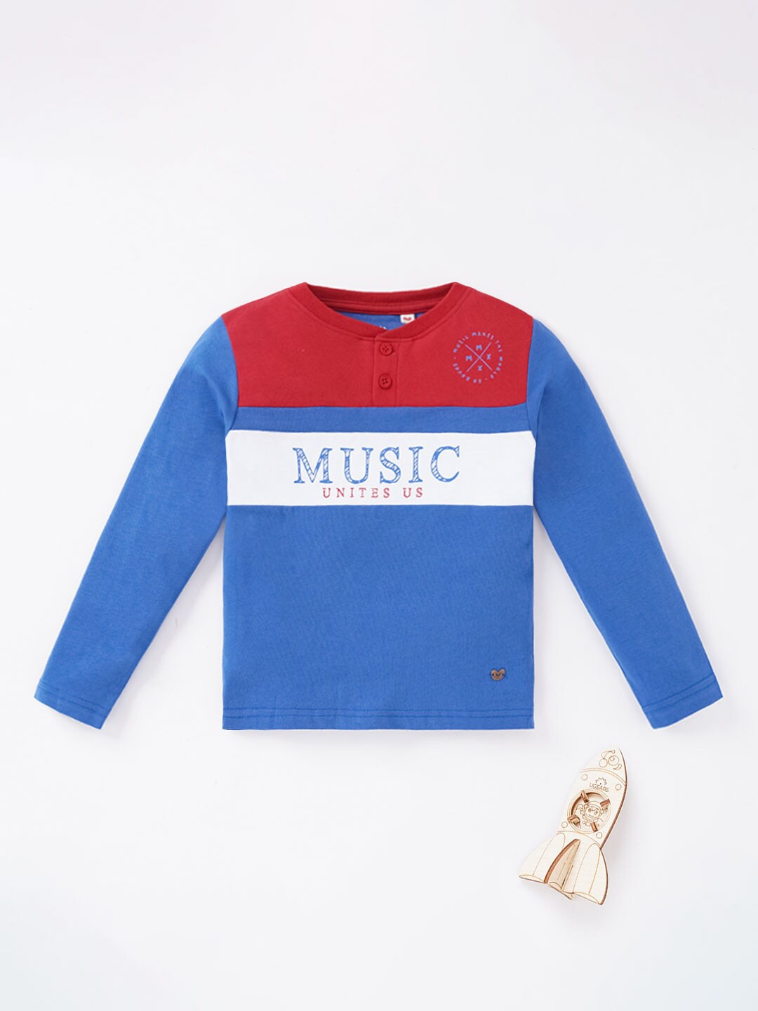 

Ed-a-Mamma Boys Blue & Red Colourblocked Henley Neck Cotton T-shirt