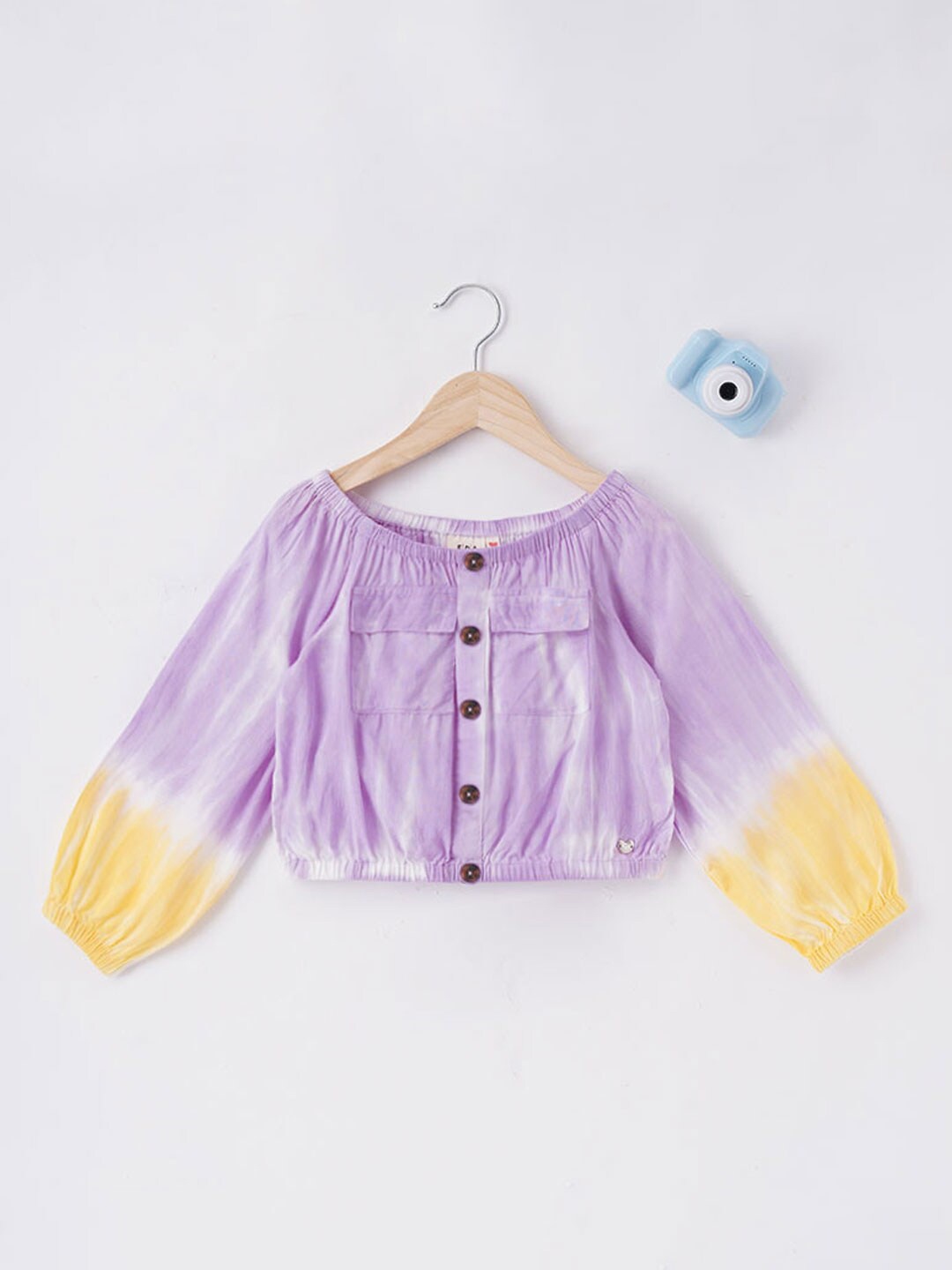 

Ed-a-Mamma Purple & Yellow Tie and Dye Off-Shoulder Bardot Top