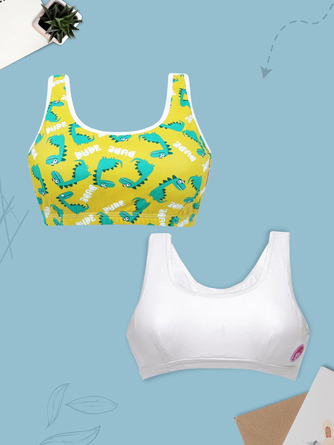

Girls Pack Of 2 Double Layer Premium Cotton Non-Wired Non Padded Beginners Bra DCBRSE8172/s, Yellow