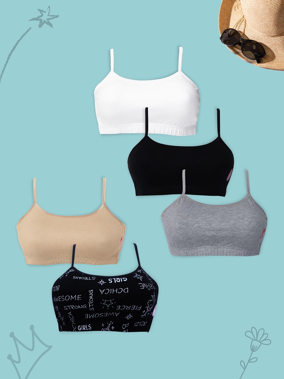 

DChica Girls Pack Of 5 Double Layer Non-Wired Non Padded Beginners Bra DCBRSE8188/s, Black
