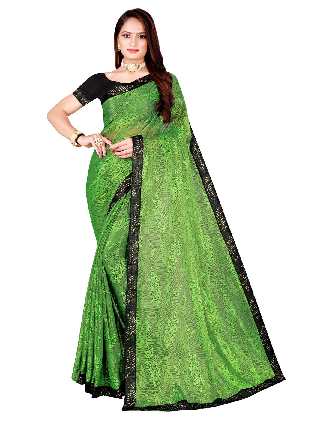 

Silk Bazar Lime Green & Black Floral Art Silk Saree