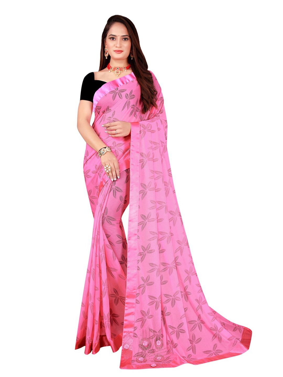 

Silk Bazar Pink & Black Floral Art Silk Saree
