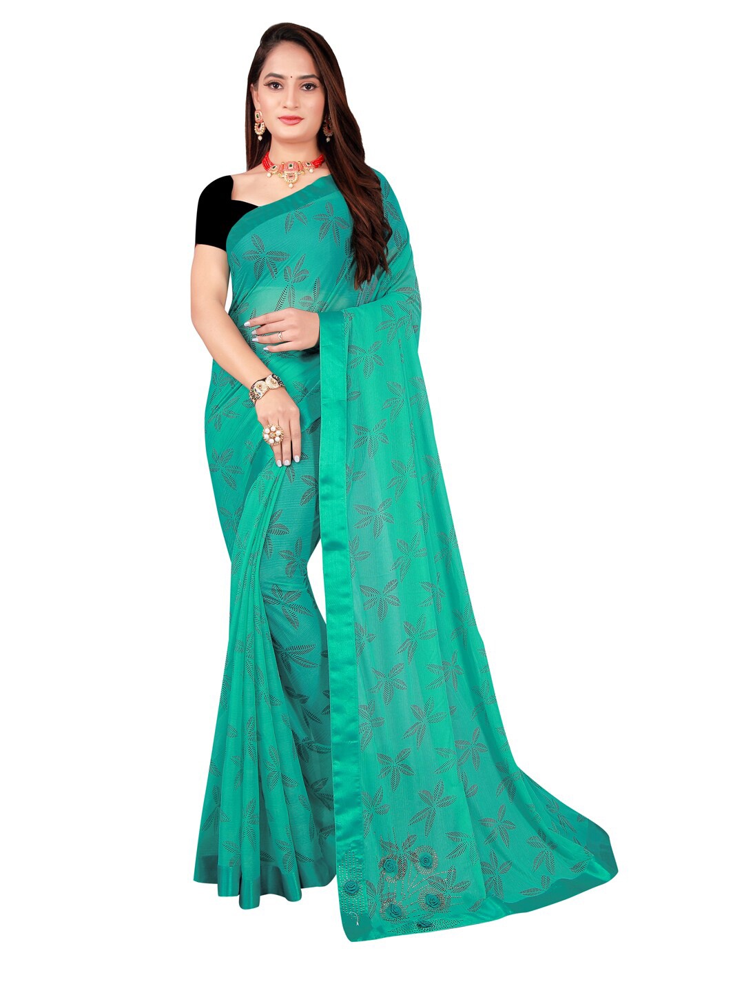 

Silk Bazar Sea Green & Black Floral Art Silk Saree