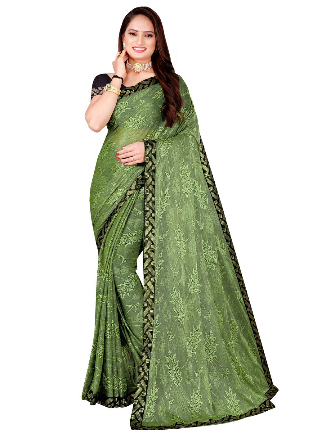 

Silk Bazar Green & Gold-Toned Floral Art Silk Saree