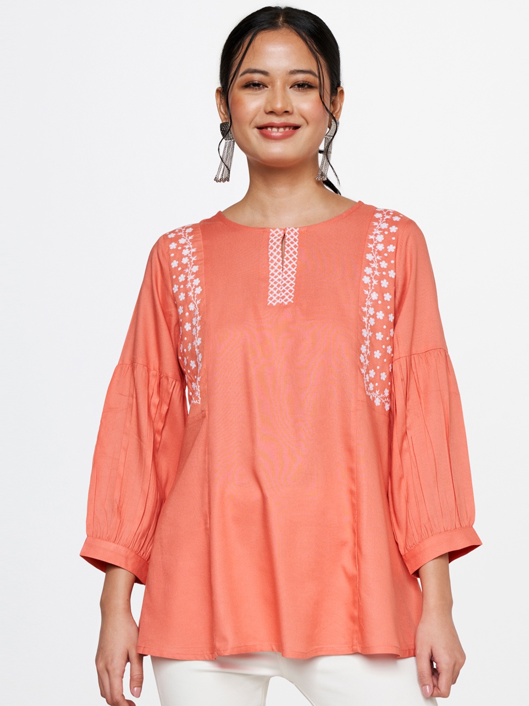 

Global Desi Women Coral Floral Embroidered Bishop Sleeves Top