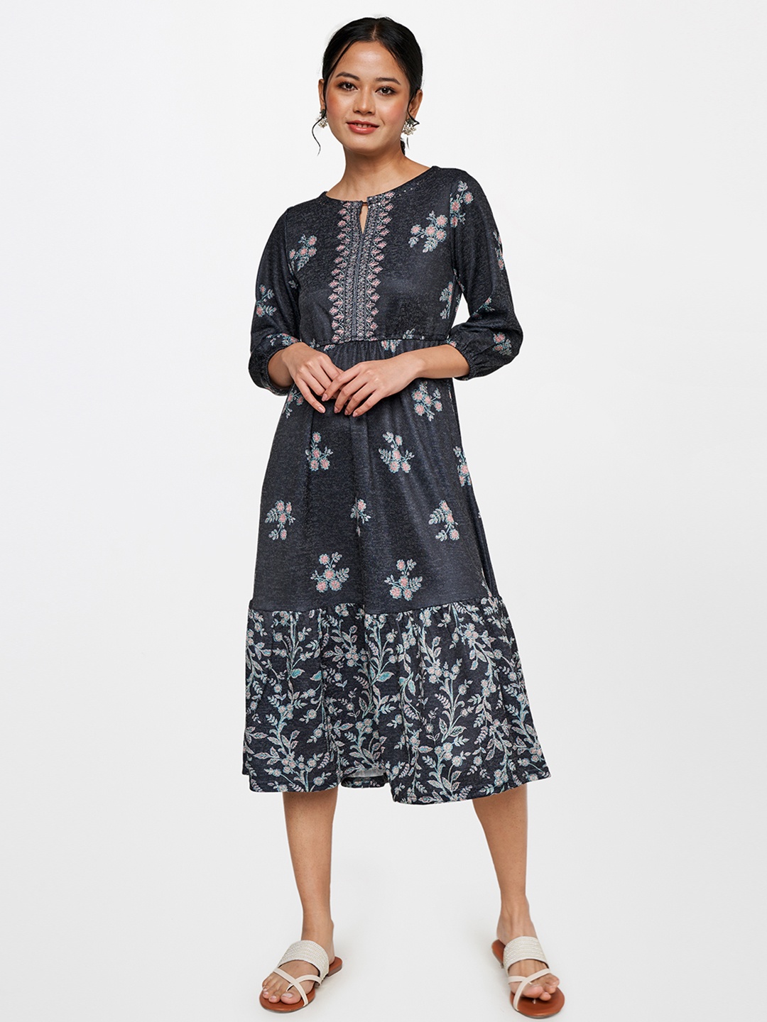 

Global Desi Grey Keyhole Neck Floral Midi Dress