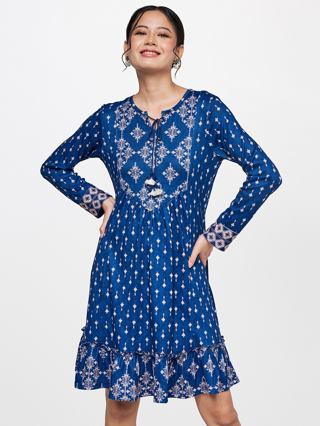 

Global Desi Women Blue Floral Printed A-Line Dress