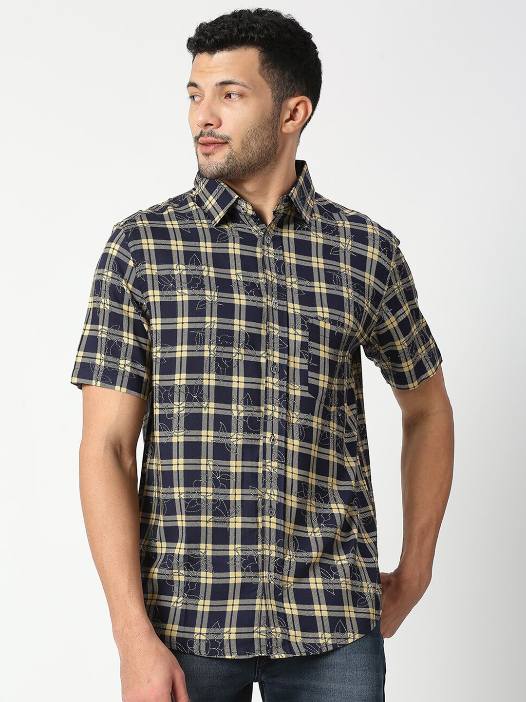 

MOD ECRU Men Blue Tartan Checks Casual Shirt