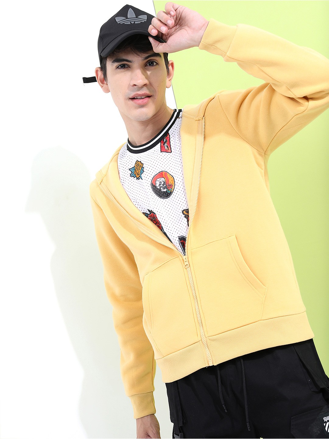 

HIGHLANDER Men Yellow Hooded Front Open Sweatshirt