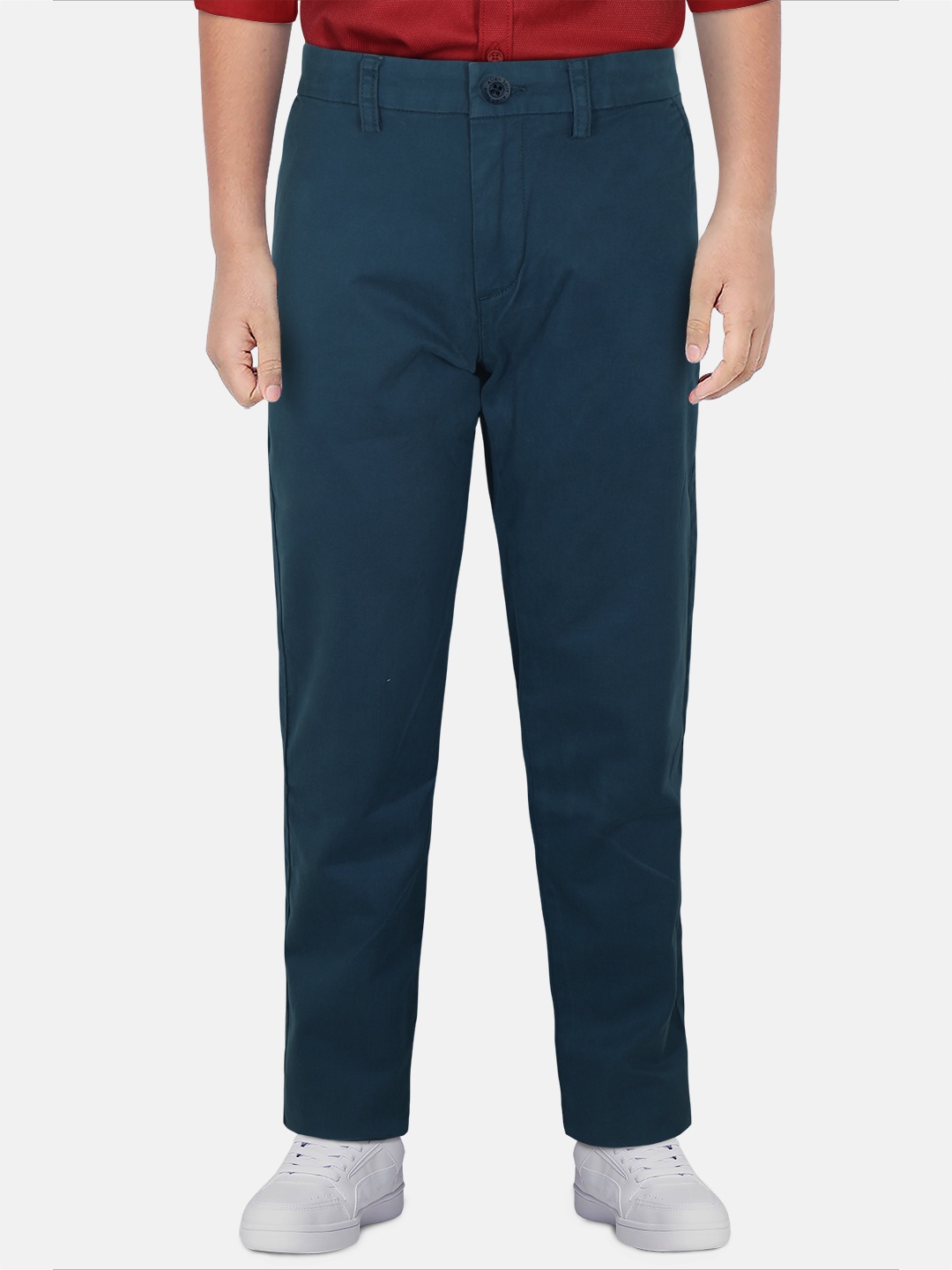 

Allen Solly Junior Boys Teal Blue Solid Classic Slim Fit Trousers